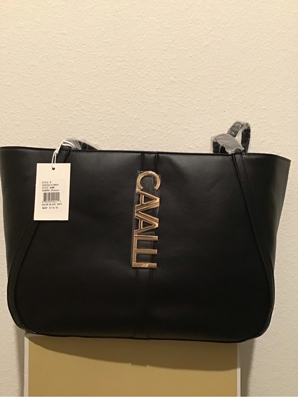 Roberto Cavalli Black Shoulder Tote with Gold Lettering